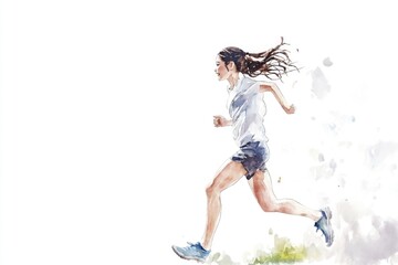A woman runs through a scenic landscape