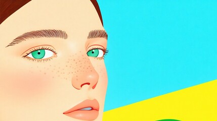 Vibrant Digital Illustration: Close-Up Portrait of a Freckled Woman Against a Bold Yellow and Teal Background. AI Generated