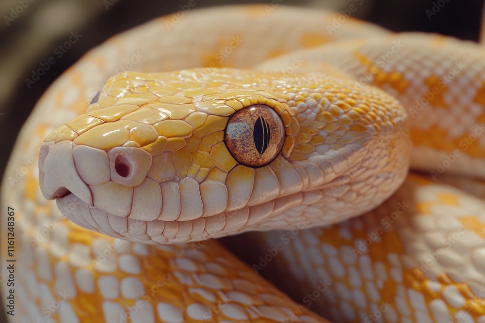 Poster A close-up shot of a snake's head with its eyes open, suitable for use in wildlife or science-related contexts
