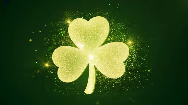 Glowing golden shamrock on green sparkling background, symbol of luck for St. Patrick's Day