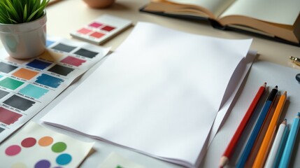 A blank white paper surrounded by a variety of colored pencils, a vibrant color palette notebook, and a potted plant on a neutral background