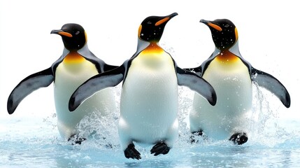 Fototapeta premium Three penguins splashing in water, showcasing their playful nature.