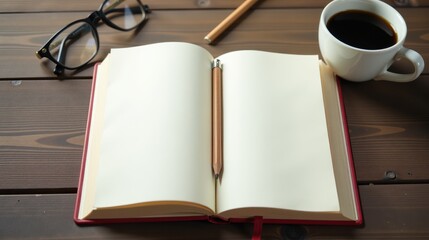 Fototapeta premium An open notebook with a pencil in the center, alongside a cup of coffee and a pair of glasses, creating a serene workspace setting
