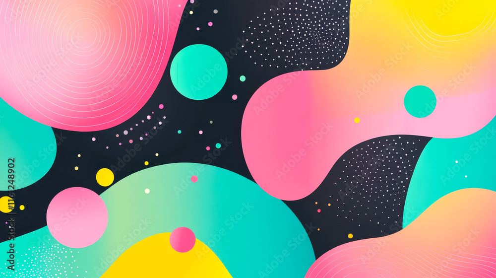 Poster Abstract design featuring colorful shapes and patterns on a dark background