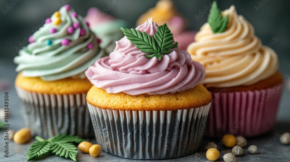 Poster three colorful cupcakes with creamy frosting and colorful sprinkles on a table