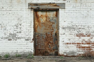  White brick wall with old rustic door in european city. Detailed photo textured background
