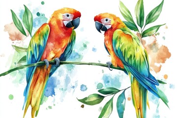 Obraz premium Two vibrant parrots resting on a tree limb, ready to take flight