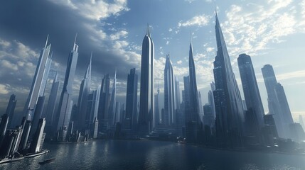 Fototapeta premium Futuristic Urban Skyline with Tall Buildings Under Dramatic Clouds