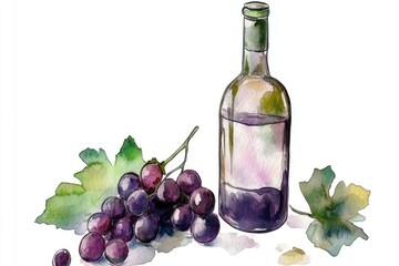 A still life of a wine bottle surrounded by bunches of grapes