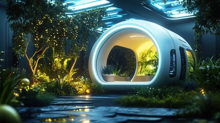 Futuristic Indoor Garden with Lush Plants and Modern Architecture