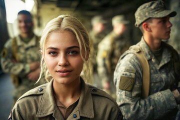 Fototapeta premium Female soldier in uniform with her comrades in the uniform, young woman about to be called up as a soldier or militia in military service, military and group of soldiers