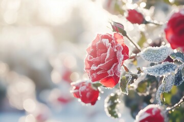 red roses flower wall background covered with a bit of shiny snowy frost for Valentines Day