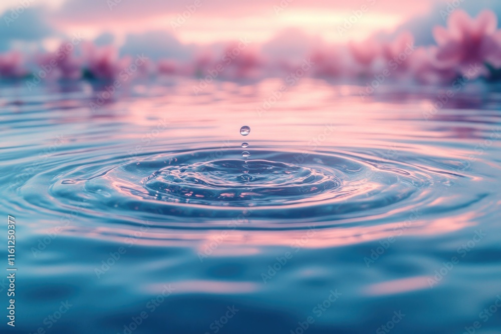 Poster a close-up shot of a single water droplet floating on the surface of a body of water