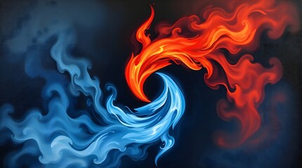 twin flame concept of one red and one blue flame connected in painting style