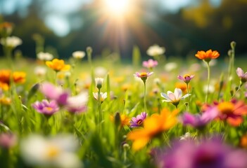Obraz premium Colorful wildflowers meadow at sunset. Beautiful summer flower field with orange, pink and purple blooms in golden sunlight. Natural background for cards and banners with copy space