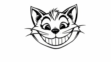 Obraz premium Smiling cartoon cat face illustration in black and white.