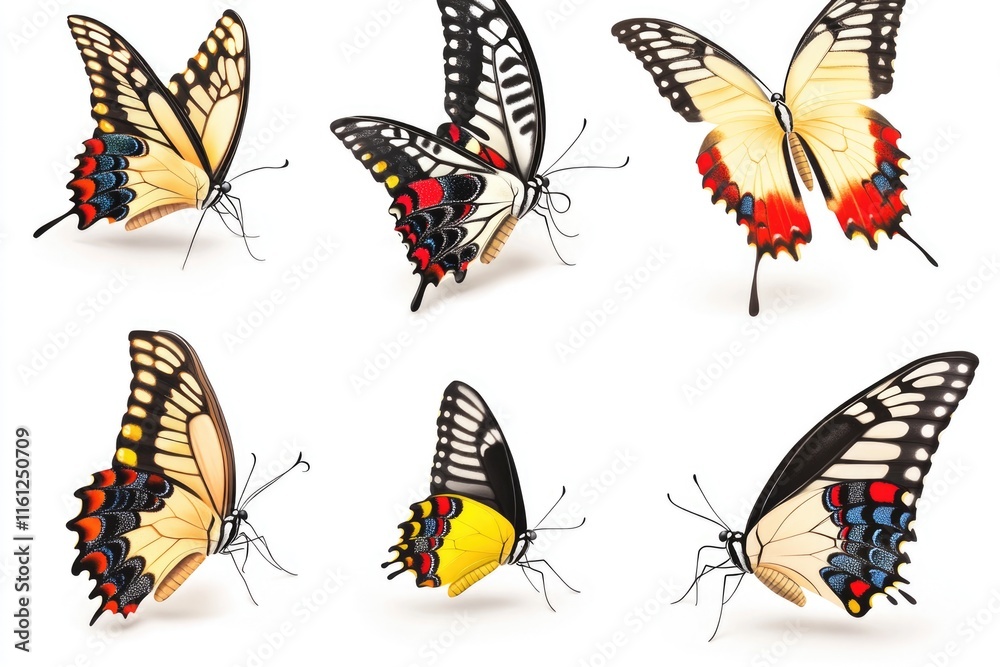 Poster a cluster of colorful butterflies resting on a clean white surface, perfect for use in designs relat