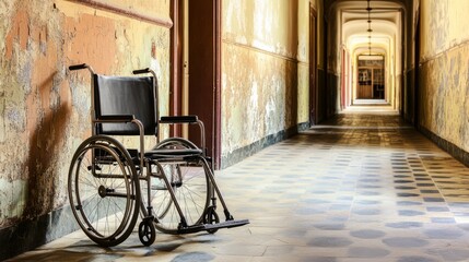 Empty wheelchair resting silently on a nostalgic hospital corridor, evoking thoughts of healing, resilience, and the passage of time in a place of care and recovery.