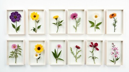Twelve delicate pressed flowers, each a vibrant jewel, are artfully arranged in simple white frames against a clean white background. A stunning display of floral artistry.