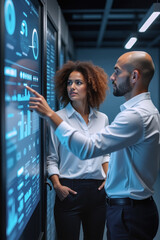 Data Analysis Duo:  A focused team of IT professionals collaborates, reviewing data on a large interactive screen in a modern server room.