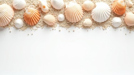 Seashells arranged on sand against a white background.  A summery, beachy vibe with pastel colors.