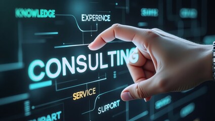 Consulting Services: Hand selecting the word Consulting on a futuristic digital interface.  