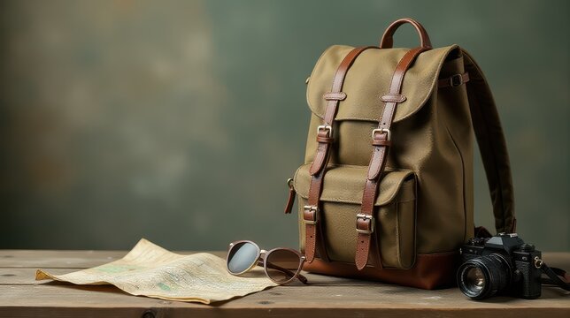 A stylish backpack, vintage camera, sunglasses, and map rest on a wooden bench against a lush green park backdrop, evoking a sense of adventure and exploration