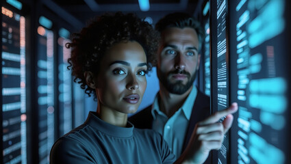 Data Driven Decisions: A diverse team of IT professionals meticulously analyze data on a server rack screen in a dimly lit server room. The image conveys a sense of focus, dedication.