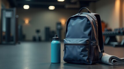 Gray and orange gym backpack with a towel and water bottle placed on a clean gym floor, ready for a workout session