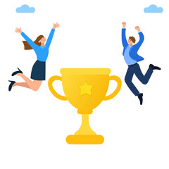 team celebrating success with golden trophy and joyful jumping flat vector illustration