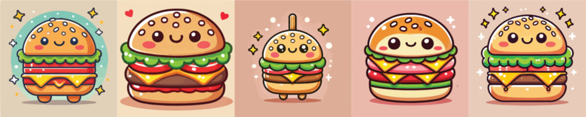 PrintCollection of vector illustrations of smiling burgers