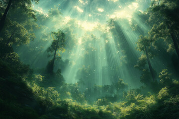 Photo réaliste d’une forêt dense avec de hauts arbres majestueux, où la lumière du soleil traverse le feuillage, jeux d’ombre et de lumière, atmosphère magique et sereine