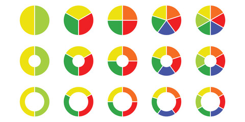 Circle pie chart icons. Pie charts diagram. Colorful diagram. Set of different color circles isolated. Pie chart for data analysis, business presentation, UI, web design.