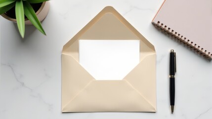 Open beige envelope with blank card lies on a white marble desk alongside a succulent, pen, and notebook, creating a minimalist workspace aesthetic