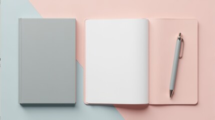 Open notebook with pastel pink and blue pages featuring a sleek black pen on a gradient background, ideal for creativity and planning