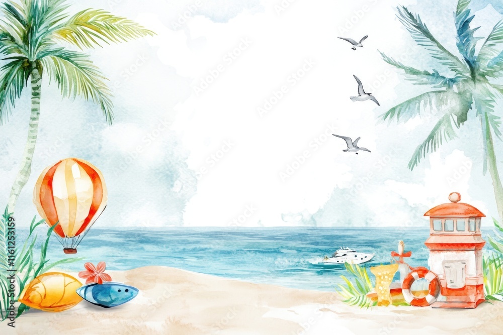 Poster a serene beach scene with palm trees and calm waters
