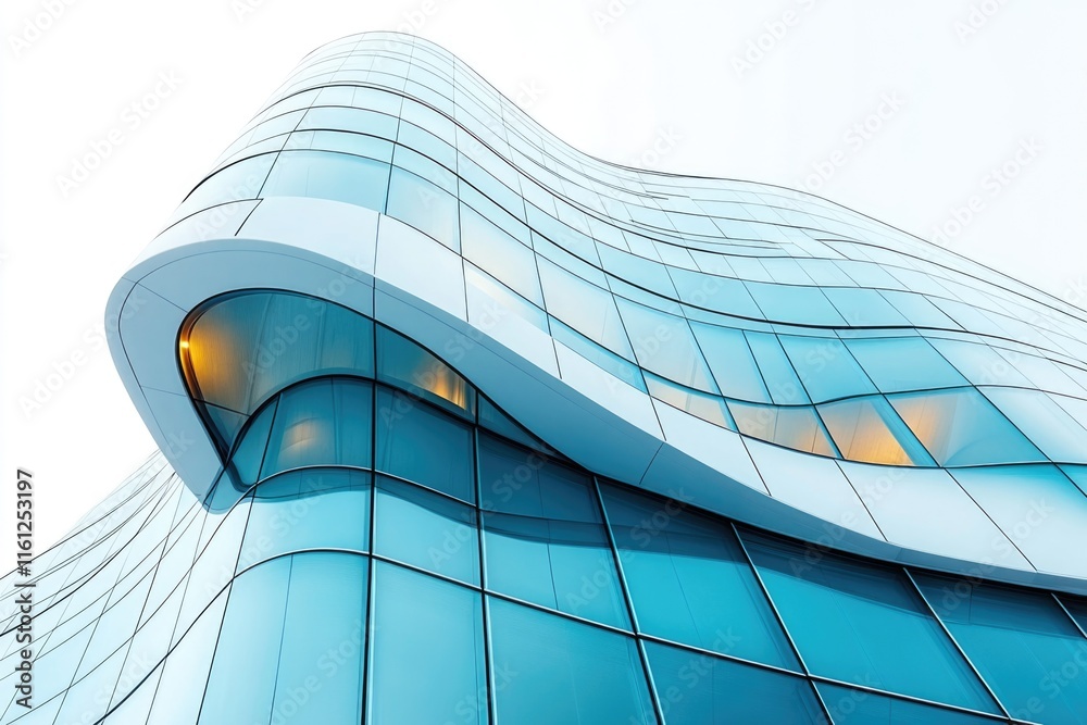 Poster a modern building with a unique curved glass facade, great for architecture or urban design concepts