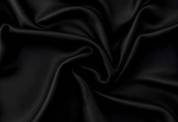 Fototapeta premium Black silk fabric with elegant folds and waves. Luxurious dark textile background with smooth glossy surface. Premium material texture for fashion, luxury design with copy space