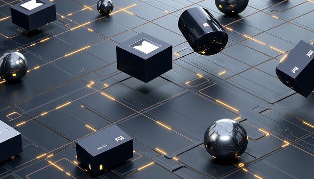 Abstract Tech Grid, Futuristic Design, Metallic Spheres, Dark Blocks