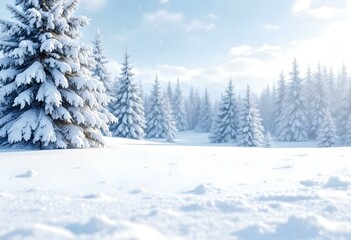 Fototapeta premium Snow covered pine trees in winter forest. Beautiful frosty morning in white woodland. Natural landscape. Seasonal outdoor background for holiday cards and winter designs with copy space