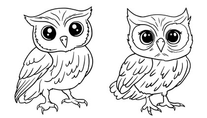 Owl illustration coloring page for kids. Set of cute owls line art vector illustration. Outline drawing. Line vector illustration. Isolated on white background. Good for posters, t shirts, postcards.