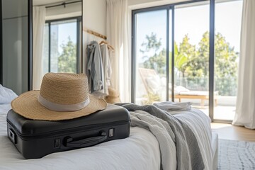 Sunlit bedroom with straw hat on suitcase and garden view