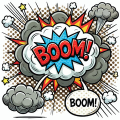 Cartoon comic sign burst cloud. Speech bubble, boom sign expression and   on a white background