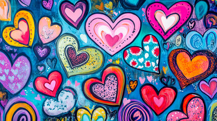 Abstract Background Featuring Valentine's Day Hearts in Vibrant Colors and Whimsical Designs
