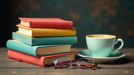 Naklejka premium Stack of colorful hardcover books with reading glasses and a half-filled coffee cup on a wooden table against a blurred green background
