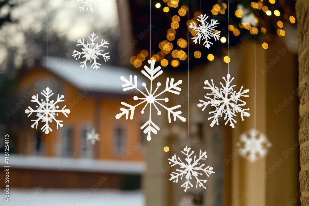 Poster A collection of snowflakes hangs from a window, creating a winter wonderland scene