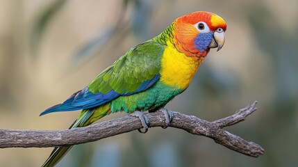 Obraz premium A colorful parrot perched on a branch, showcasing vibrant plumage.