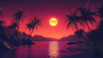 Sunset on a tropical beach with palm trees framing the horizon in a stunning natural view