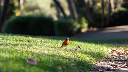 Obraz premium A vibrant bird forages on lush green grass in a serene park setting.