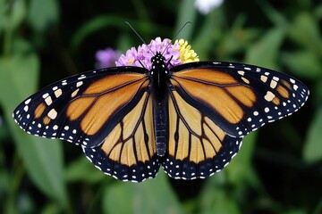 A monarch butterfly perched on a vibrant purple flower, perfect for nature or wildlife-related themes